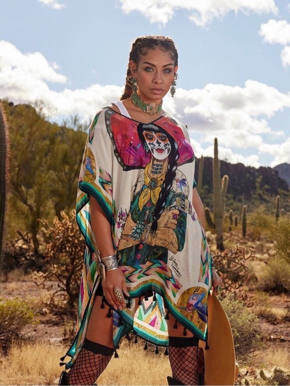 Double D Ranch Cream Multi‑Color Graphic Poncho Top